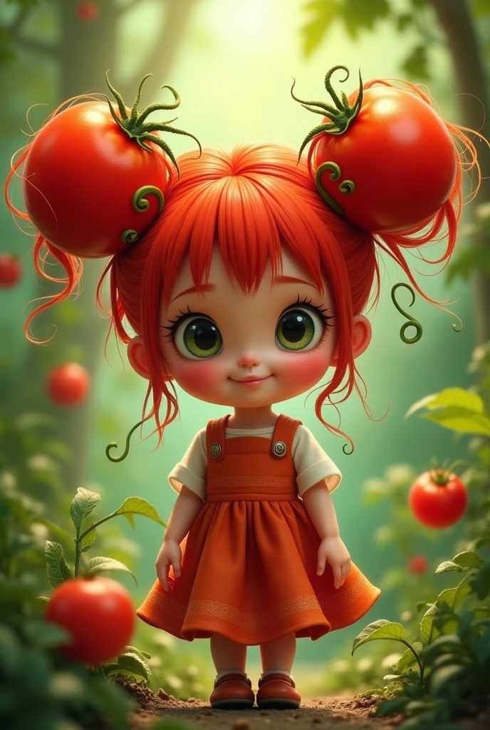 a brunette girl, master chef, red hair, background huge planet of many diverse fruits, vegetables and berries, many holes, child, toon, pixar style, 3d, pixar, cartoon, detailed face, asymmetrical, whole body, solo --auto --s2