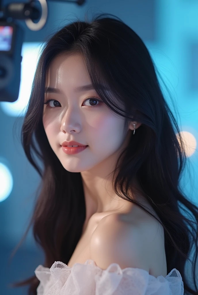 a beautiful young Korean woman with long hair, very black and very straight, hair behind her back, full lips painted red, ID photo, identity document portrait firm shoulders, hands crossed, blue background, photorealistic, 8k, ultra detailed, highly realistic, professional lighting, vivid colors, masterpiece
