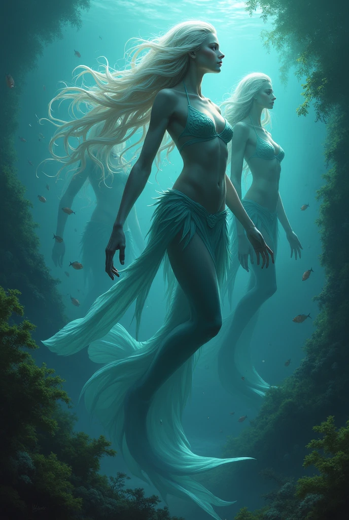 Mermaid Male Paladin of RPG Full body image, smooth and shiny skin, with shades of blue, green or silver. hair is long. They have large, expressive violet eyes. sea elf, heavy coral armor, flipper boots legs apart, holding a trident artgerm and brian froud, by Brian and Wendy Froud, style brian froud, by Wendy Froud, inspired by Wendy Froud, inspired by Brian and Wendy Froud, brian froud