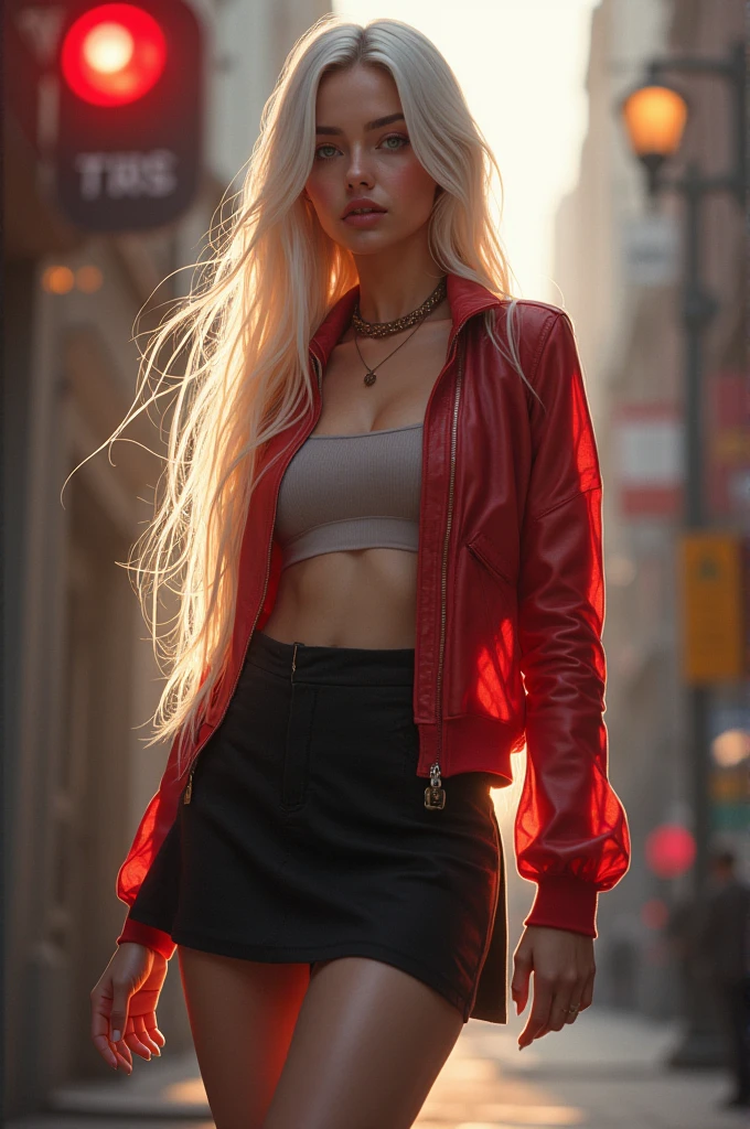 Master piece, Beauty Pin up woman, wind blowing long white hair, cherry lips, green eyes, intricate detail insanely green and gold leather jacket, mini skirt red, high boots, retro style art, beautiful retro art, rockabilly, retro art style, 1950s illustration style, street night alley scene, puddle, graffiti painted in walls, black cat. 3D effect ultra-detailed intricate insanely full HD resolution 4K, hyperrealist artwork, photorealistic digital painting cinematic film light, expressive eyes, portrait, high quality, highly detailed, grin ironic,