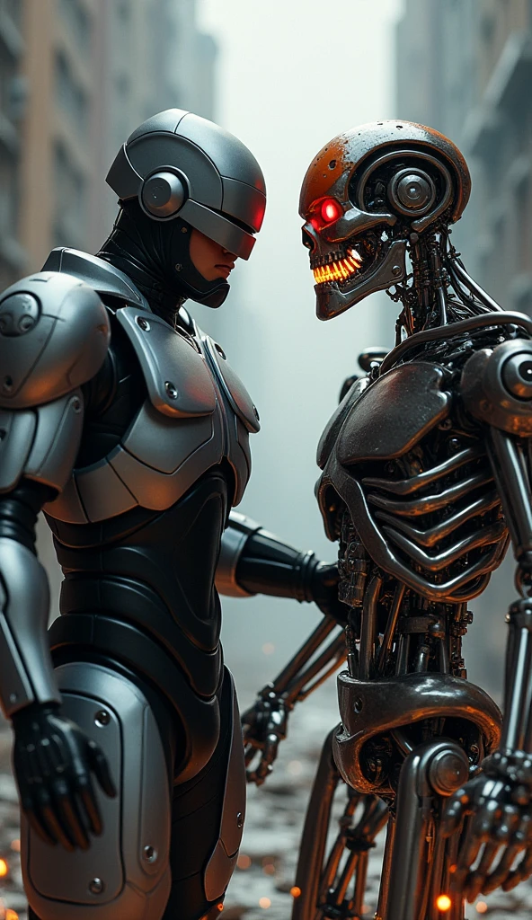 Two internal combustion engine pistons with an anime-style mechanical skull