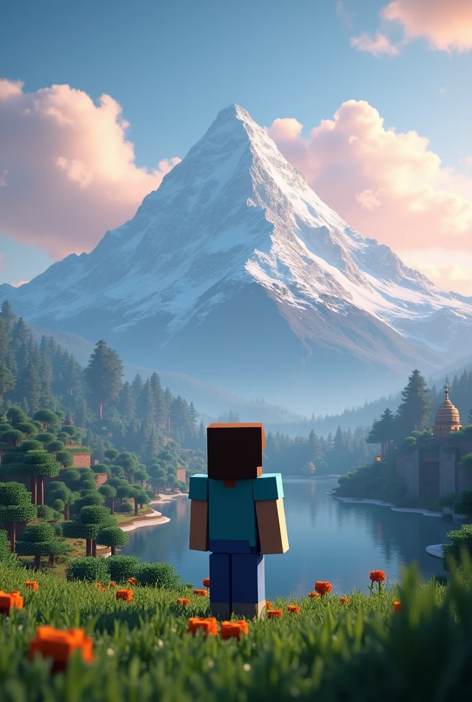 Minecraft view, morning, inspireing , steve waching the view , not blurry  , in front of a beautiful mountain 