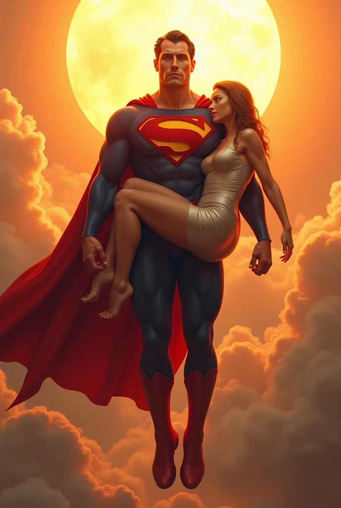 Super girl and superman are kissing, she is  pregnant, intimate, his hand is on her bare belly, city at sunset, backlit 