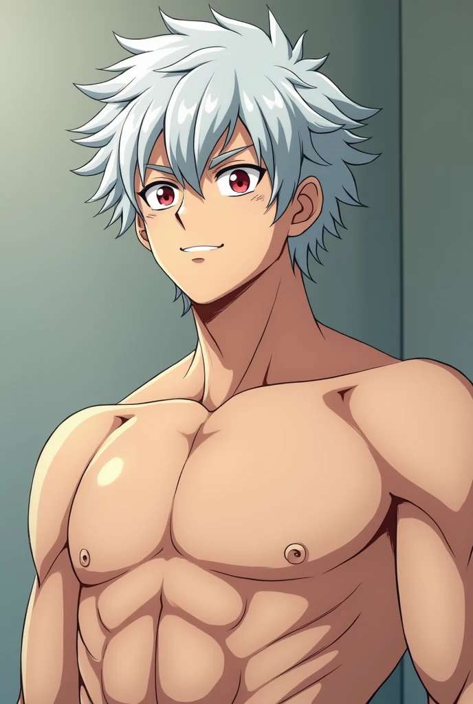 Highres, Masterpiece, Best quality at best,Best Quality,hight quality, hight detailed, anime style, (1 boy), youm、Allback、Men with short hair, gray hair, (showing his muscle), (shirtless, shirt off), crop top shirt, lying on bed