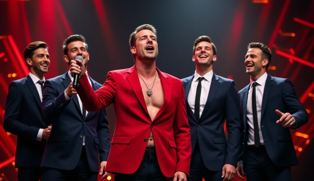 Shane fillan open his Shirt off in a front of a group Men. Wearing just a suit without a shirt underneath. He gets attention and is touched by them. He is very ticklish and giggles as they tickle him
