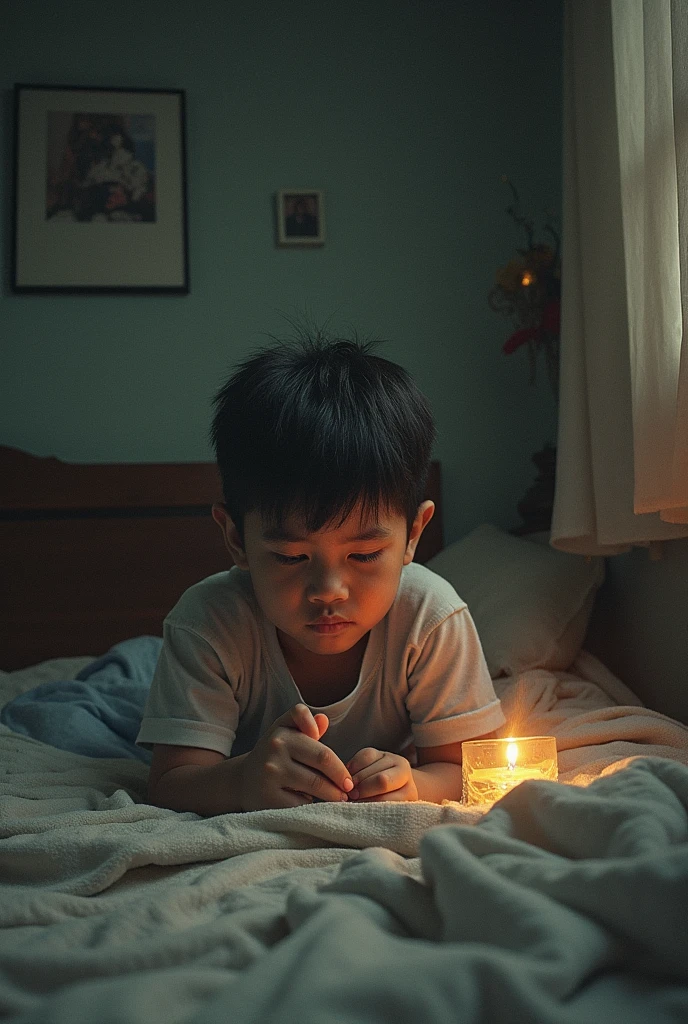 little black boy of 11 years old lying in bed languid dizzy sick with fever, the wooden shack lit with candles