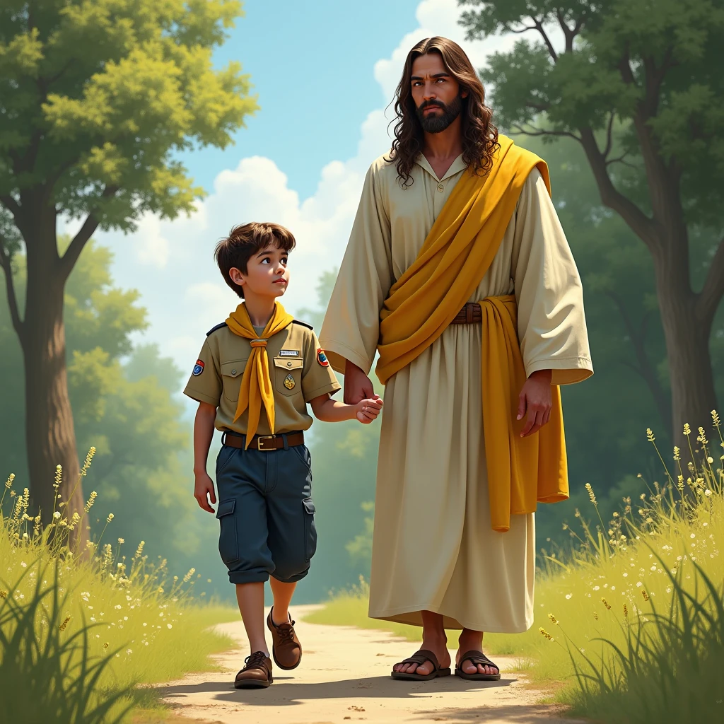 Saint Joseph standing in a green and purple outfit on a dirt road and in front of him his 10 year old son Jesus riding a small bicycle in a sideways position with a very bright sun and clouds in the sky