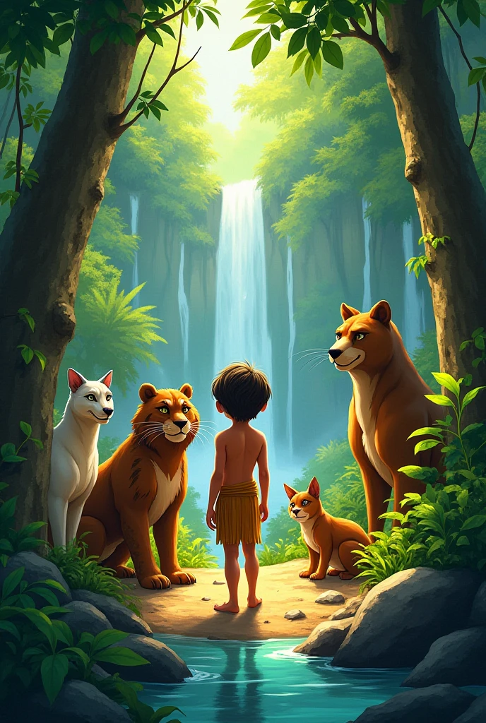 Sun Wukong child being born from the heavenly rock, In the background there is a forest and mountains on a sunny day and he is surrounded by other monkeys who are watching him