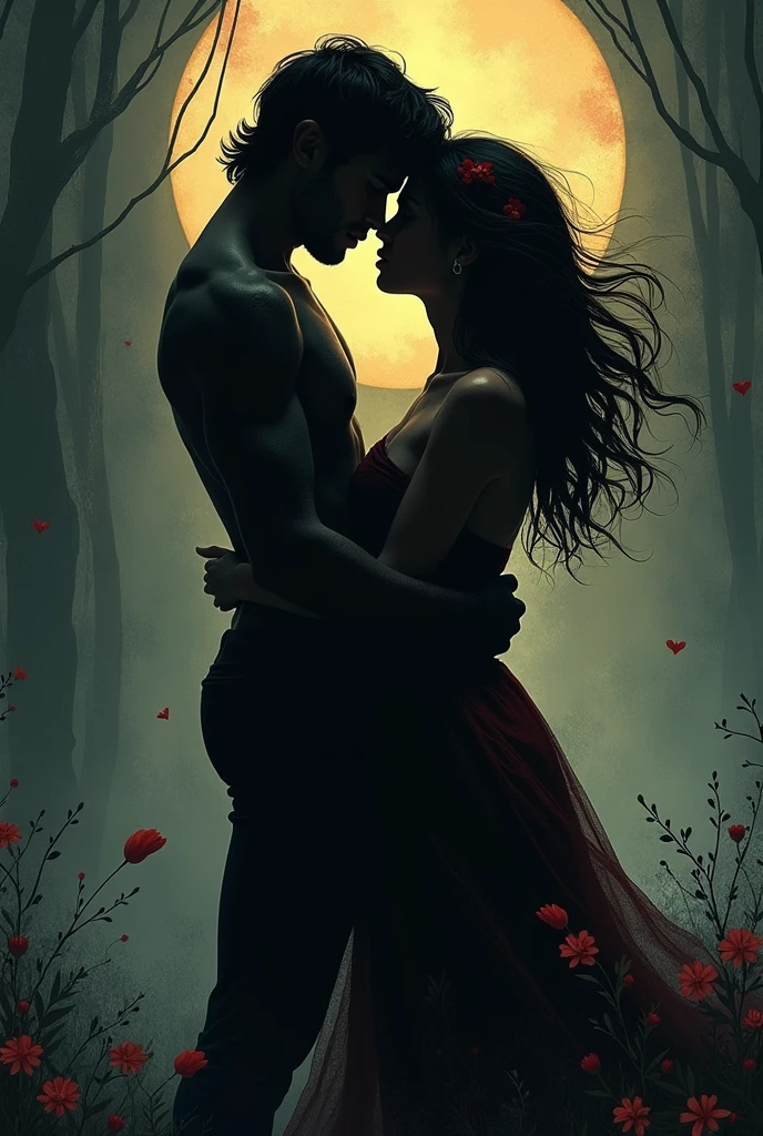 quality(masterpiece, best quality, 8k, wallpaper of extremely detailed CG unit, high resolution, top-quality, top-quality real texture skin, hyper-realistic, increase the resolution, RAW photos, best quality, highly detailed, the wallpaper), BREAK, (1 couple (1 man holding 1 woman's heart):1.4), BREAK, 1 man (27 years old, beard, strong build, standing at a slight distance, holding a bloody heart in his hand, blood dripping, serious expression, intense eyes, tall, wearing dark clothes, muscular, pale skin), BREAK, 1 woman (27 years old, long hair, pale skin, weakness, throwing head back, bloody chest where heart has been taken out, skinny, closed eyes, warped back, bare feet, blood dripping down her chest, wearing a torn gown, pale lips), BREAK, background (graveyard, very dark night, beautiful full moon, red moon, many red roses, thorn ivy:1.4, rose petals in the sky), close-up 1 couple, (dynamic angle:1.5), (from below:1.3)