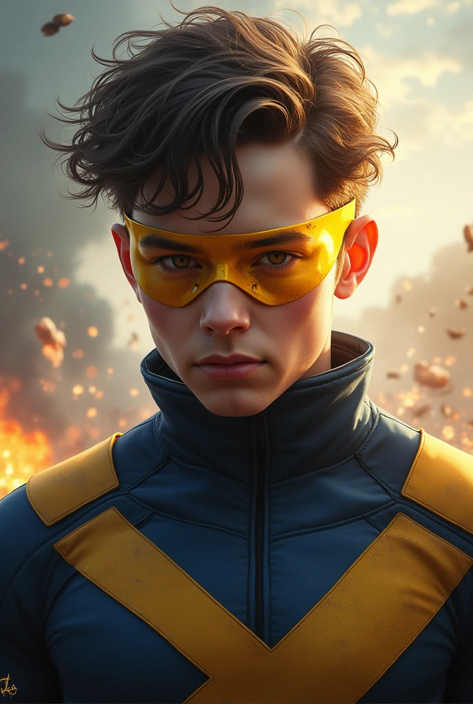 Crie uma imagem de Johnny Storm, a 15 year old superhero, who is part of a quartet. Johnny has a face similar to that of actor Jacob Tremblay, with blond hair and bright blue eyes. He's wearing a blue uniform similar to the Fantastic Four's.., with an emblem 'F' On the chest. He should be in a confident and energetic pose, with a determined and daring expression on his face, ready for action. dynamic and heroic nature of the character.
