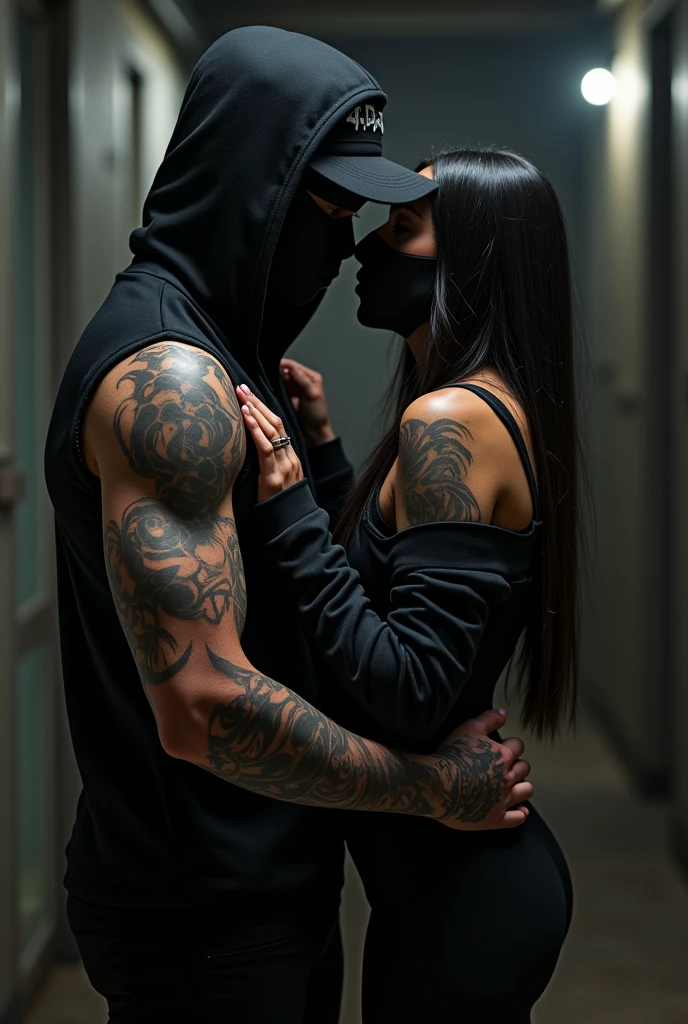 Create a very handsome, beautiful, muscular Korean with tattoos, a perfect body with muscles, too muscular with a terrifying mask on his face, without a shirt or pants, only in boxers, and with his member clearly visible with a mushroom-style haircut like the one all Koreans wear, and Jennie from Blackpink sitting on his shoulders.