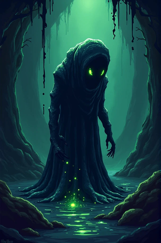 (masterpiece), Best Quality, un brujo enhooddo en un pantaNo, hood, spectral, shelter, dark forest, clay, dirty water, green, Beautiful landscape, dangerous vibrations, scary, spectral green, fog, No_humaNos, haunted place, 4k, Wallpaper, Award winner, fancy, perfect light, dramatic light, epic, BREAK the image conveys dark feelings, a sinister forest, hidden danger.
