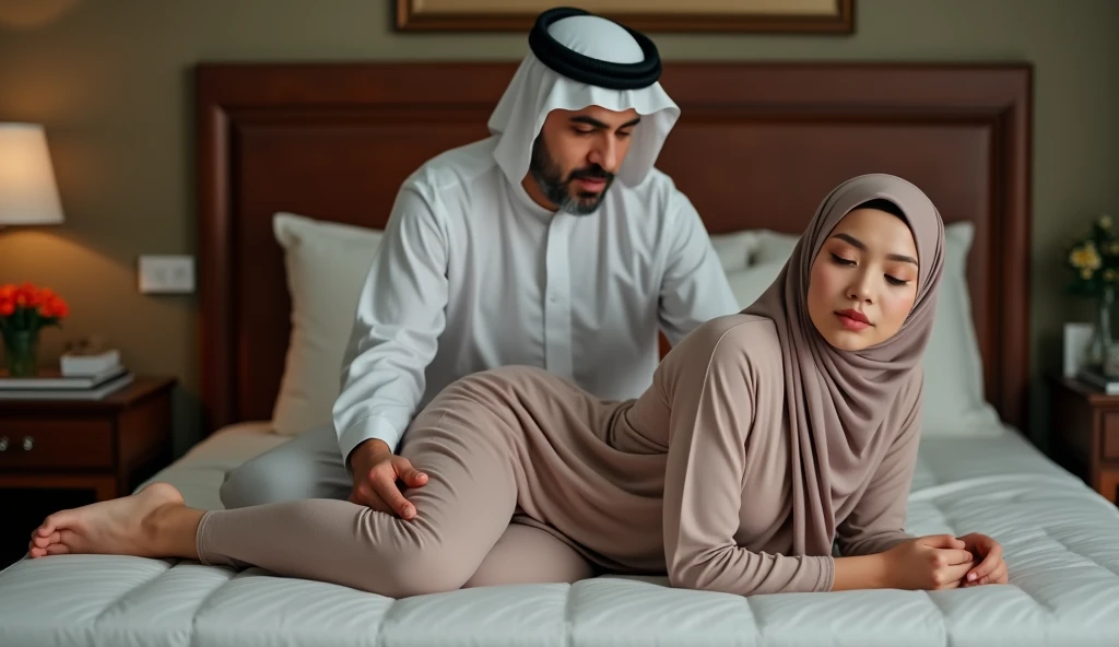 Pale skin Kurdish woman in hijab nude shoulder nude arm breasts nude talking with a Arab man in luxury bedroom view from side angry raged 