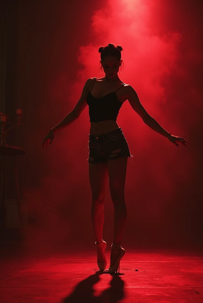 exhausted in tights in leggings. in the topic. very thin skinny girl. fabulously long thin legs in heels. flies above the ground. in the illuminated bedroom flies. aura of magic around the body glow. face is scared. covers her chest with her hands.