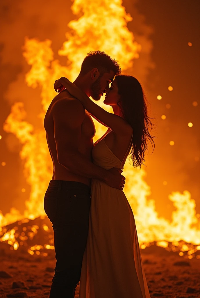 A sensual couple in an intimate pose, closely embracing and surrounded by dramatic flames. The firelight creates deep shadows that emphasize the passi.jpg