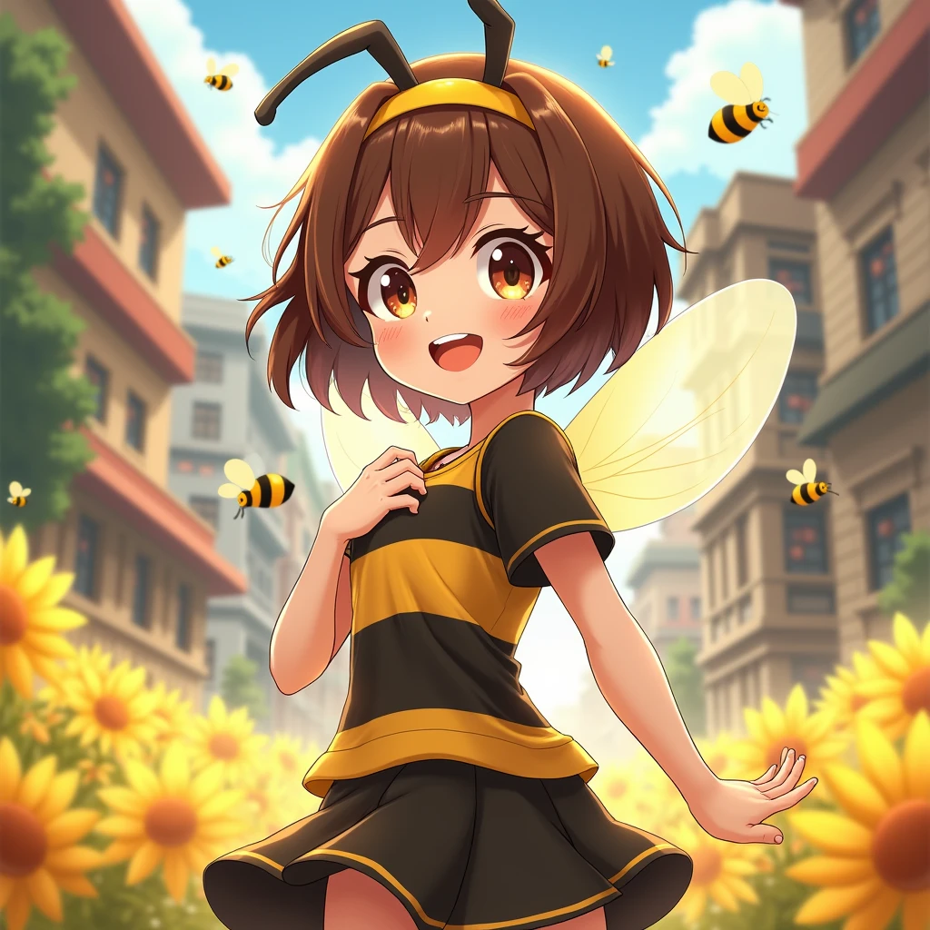 Cute girl, brown hair, pigtails, yellow eyes, wide smile, yellow dress, big breasts, short skirt, slightly tight yellow dress, exposed breasts, earth and green grass in the background 