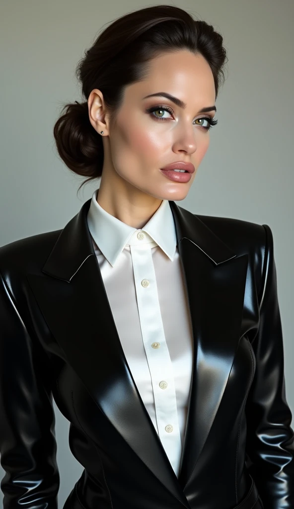 A very extra wide and very extra thick, manteau de fourrure en vison brown and sand, duveteux, natural, three layers, sur Linda Evangelista, jeune, short black hair ,place Saint Marc à Venise, maximum quality., gorgeous eyes, high arched eyebrows, seductive look,big breasts, slim bodytype,(white  low-cut silk shirt,black leather pants:1.3), black leather pants, stilettos, midnight modern metropolis, spot lighting, backlight on hair, shallow depth of field, bokeh, sexy dynamic pose