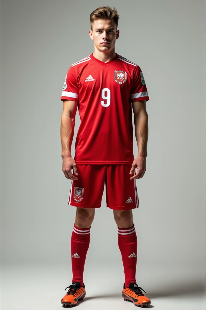 RAW photo,8k uhd,masterpiece, (photorealistic:1.4), best quality, beautiful lighting, 3D Art, C4D, OC render, Dušan Vlahović, (full body:1.5),a man, professional soccer player, sports shorts, soccer socks, soccer shoes, soccer ball, man model standing pose, lively, handsome, (white background:1.5)