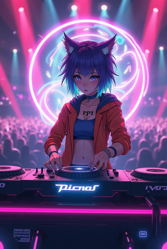 Create an image featuring an anime-style female character with a vibrant EDM theme, accompanied by a playful dog. The character should have a stylish and energetic look, with colorful hair, trendy EDM attire, and accessories like neon glowsticks or headphones. She is standing behind a DJ table, surrounded by a lively EDM party atmosphere with neon lights and electronic music equipment. The dog should have a fun and cute appearance, perhaps wearing a small accessory that complements the EDM theme. The overall scene should be dynamic and full of excitement, capturing the essence of an electrifying EDM event