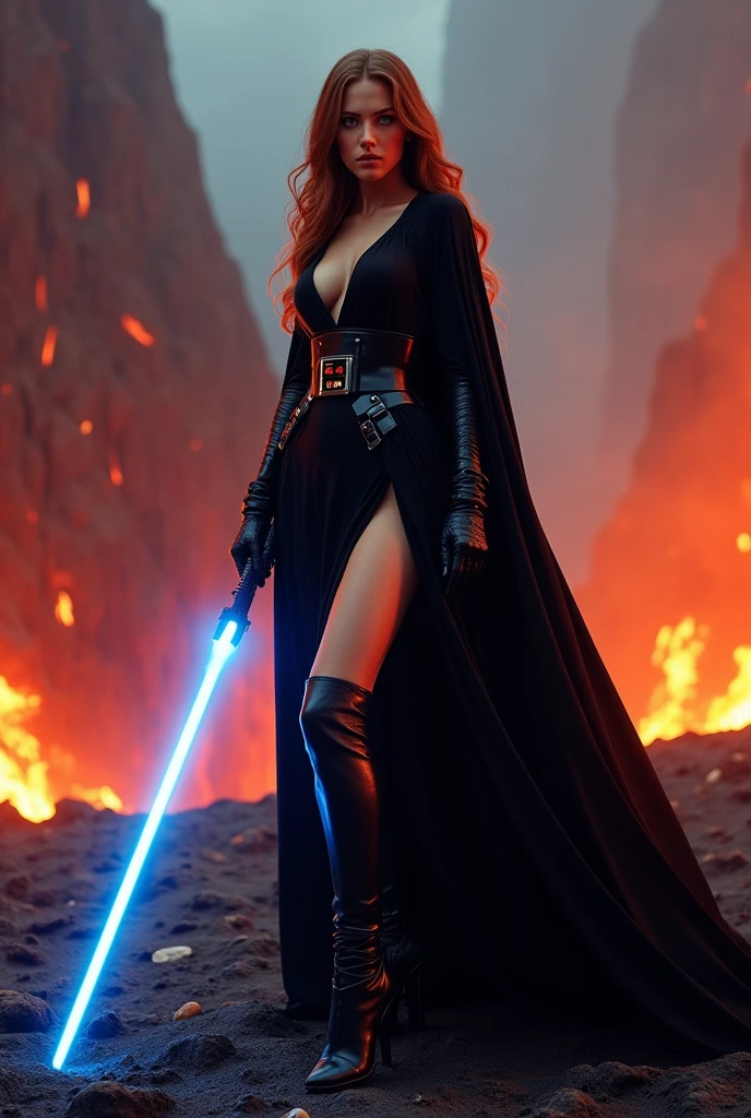 (full body shot:1) photorealistic image of a (standing pose:1) woman, ultrarealistic, photography, long red hair, woman, 24 years old, hourglass figure, perfect body, seductive look, natural medium breasts, blur background, in complete darkness, she is wearing a sith robe, she is holding a red lightsaber, the lightsaber is the only lightsource, on a dark destroyed spacestation outside, it is raining, there is lightning in the background, she is walking towards the camera, explosion in the background, long sexy legs