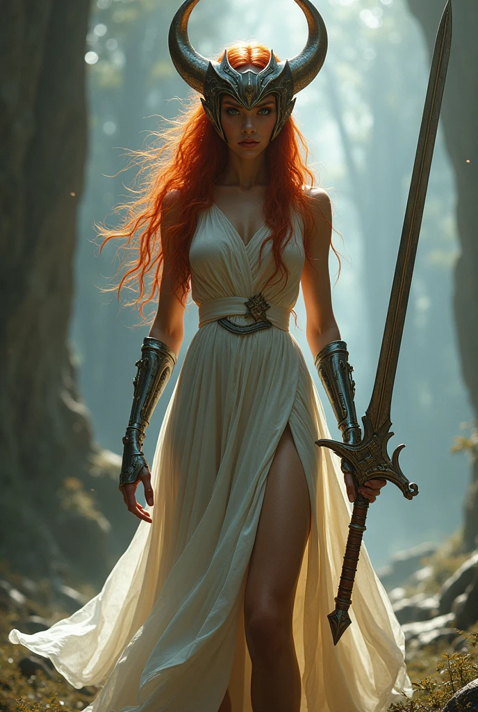 Ginger teenager, thick muscular body, thick thighs, long tight flowing dress, swinging a sword in combat, Full body shot