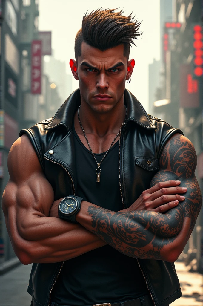 A male, (skin scar:1.4), (intricate details:1.22), HDR, (intricate details, hyperdetailed:1.2), Full body, cinematic, intense, film composition, cinematic lighting, (rim lighting:1.3), color classification, cyberpunk city background, casual clothing