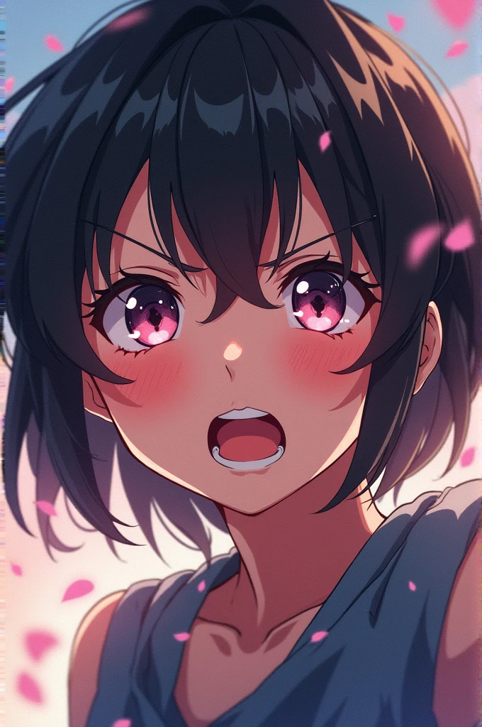 front view,face focus,(look up),An open-front shirt,Black and pink bra,Hands behind head,open mouth,tongue out,(1girl,Beautiful 14 year old girl),lick,front face,from front,front view,looking at viewer, looking ahead,Black Hair,Short Twin Tails,Gray Eyes,Drooping eyes,slit pupils,narrow eyes.Beautiful and detailed anime art,Mischievous smile,Dimly lit room,Simple Background,Gray background,Low lighting