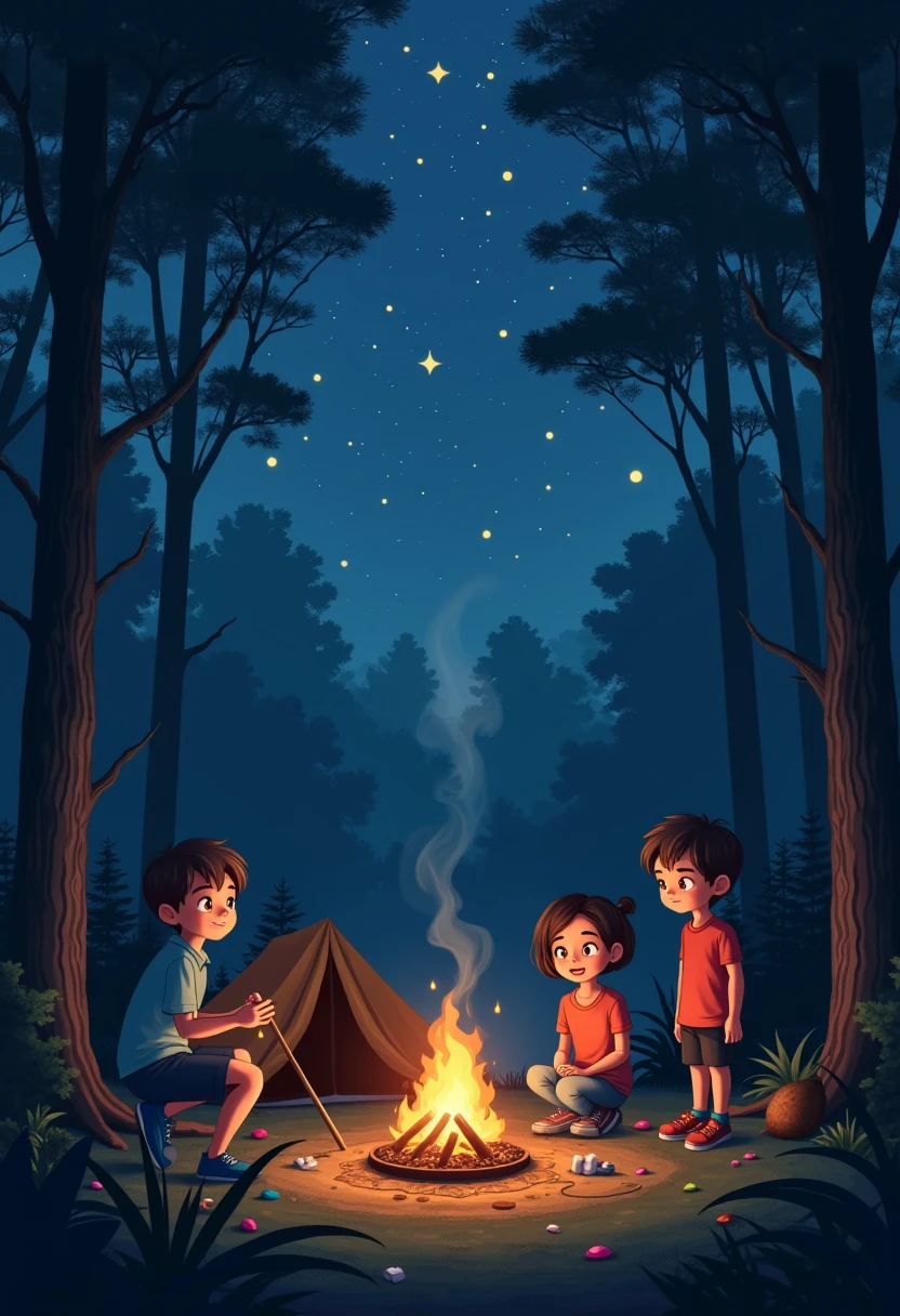 (In the forest at night, starlights, glowworm):(Several kids camping, There are not many character descriptions, Cosy atmosphere, Happy emoji)