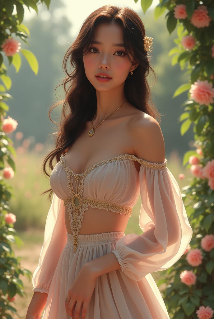 （hyperrealistic photo）， （A high resolution）， （8k），（beautiful eye quality）， （ultra - detailed），curvacious beautiful indonesian girl, sensual pose，a jasmine flower on her ear, full-body portraits（1：1），tied bun hair，sensual expression，Straight and plump ，big natural breasts，a plump buttocks, kebaya with intricate details, brown batik sarong with intricate floral details， looking at the camera, beautiful attractive woman， 1 girl， the perfect beauty： 1,4 ： 1.1，， Super slim face, big cute eyes， double eyelid，balinese temple at the background,  facing at the camera, wide angle shot, full body shot, 