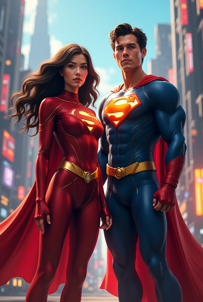 Lily Collins has round, large, circular eyes, brown hair, and a tall, blonde, muscular young man with long hair. , They will have superhero clothes