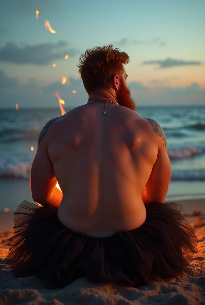 are two gay men a little fat and strong dancing floating, in a black tulle skirt on the beach by the light of a bonfire, on the left side of the photo,  by the sea. one of them is redheaded the other is white with a shaved head, both with beard. gays, a black cat watches the two, the feet do not touch the ground. rough ocean, scary and mystical atmosphere, magical. bottle and 2 empty wine glasses thrown in front of the image 

