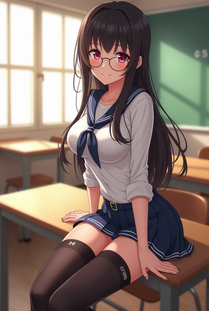 1 woman, , black curly hair, plump body, brown eyes, Indonesian high-school uniform, wearing glasses, white shirt, osis logo on shirt pocket, natural big breasts, light-grey pleated skirt, squat pose, full body shot, smiling, in the classroom.