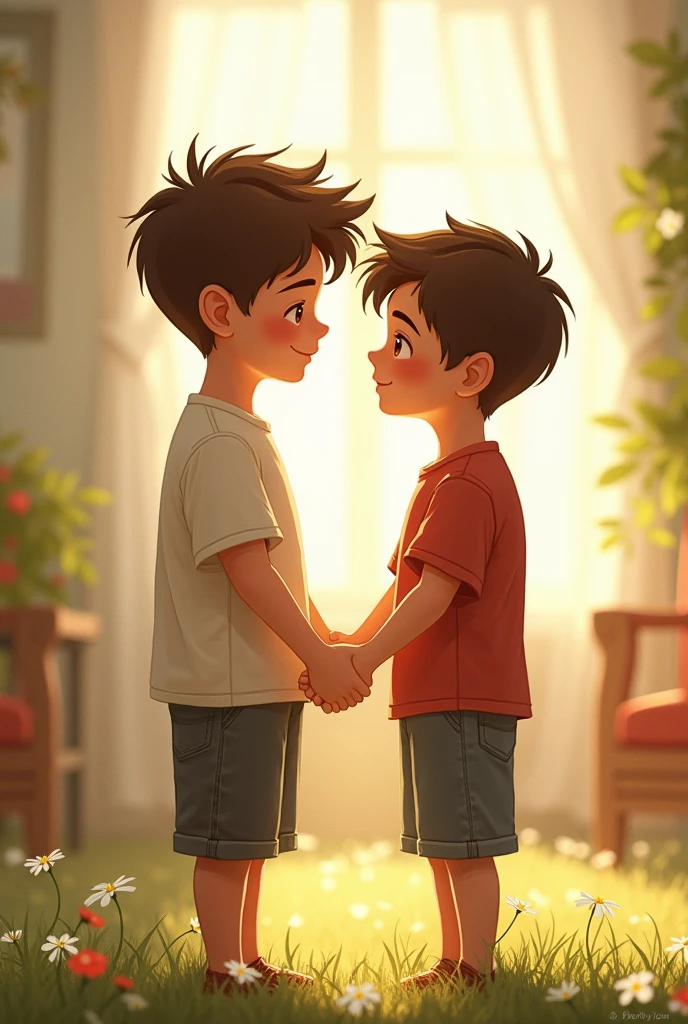 Two friends boys looking at a mirror 