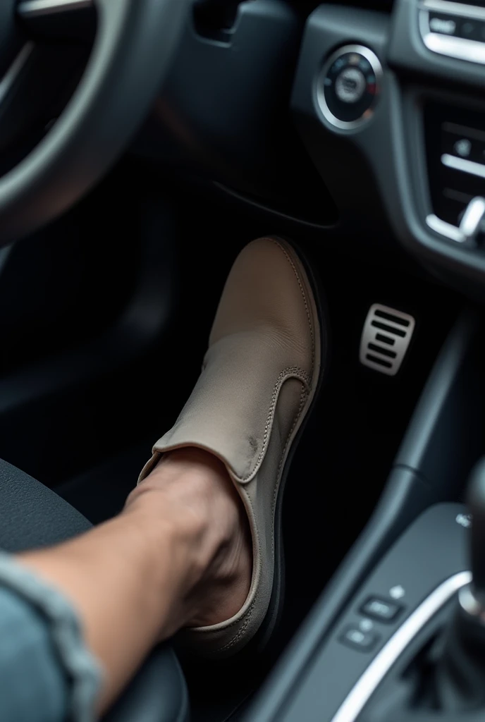 Someone is stepping on a pedal of a car, legs taking their POV, Art POV feet, real human feet, their foot standing out, the forefoot to make a V gesture, slippers, youtube video screenshot, detailed POV foot, left-hand driving, very realistic, looks realistic, extremely realistic, very realistic, really realistic, driving