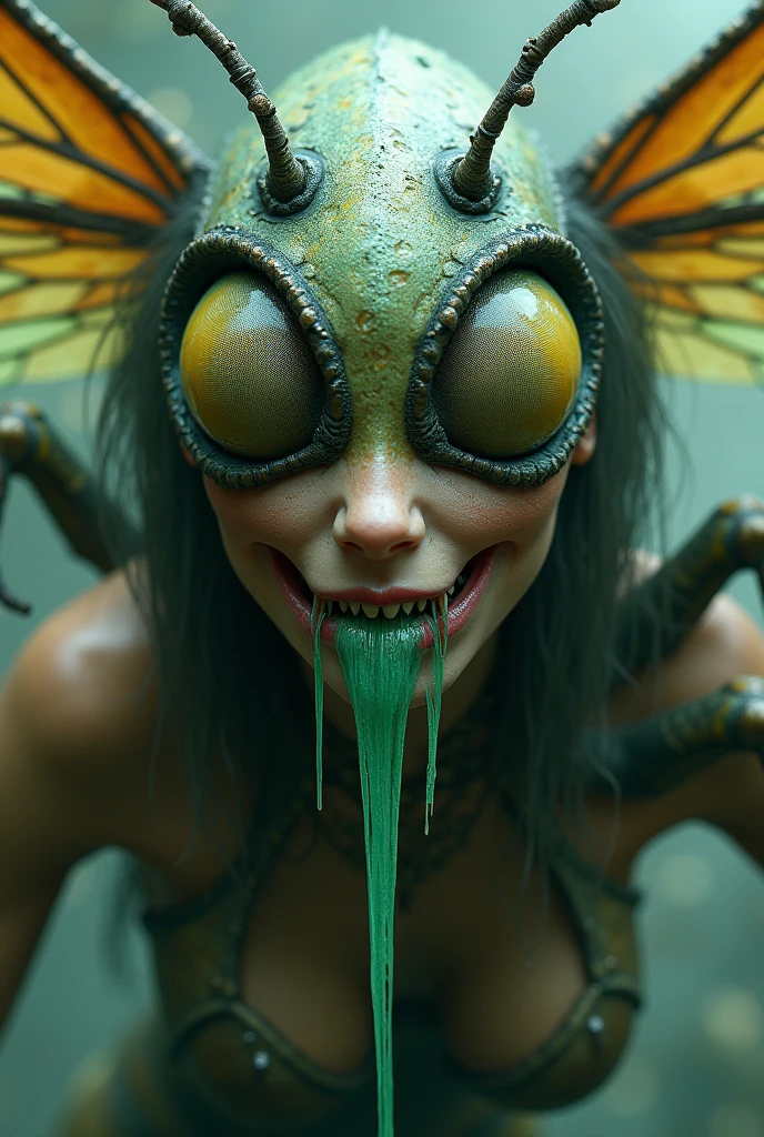 "((Obra maestra))(The best lighting, alto contraste, oscuro, dramatic, Acabado fotorrealista),(mujer con brazos de mantis religiosa, insecto, monja, enfado, Llorosos),(Baphometh saca la lengua), viejos, lobos, gusanos, lombrices, Serpientes. Luz Caravaggio"