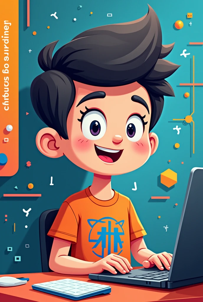 Drawing of a 10-month-old baby dressed as a programmer with headphones on his side using the computer, with black hair, dark brown eyes and a t-shirt, appearing completely happy.