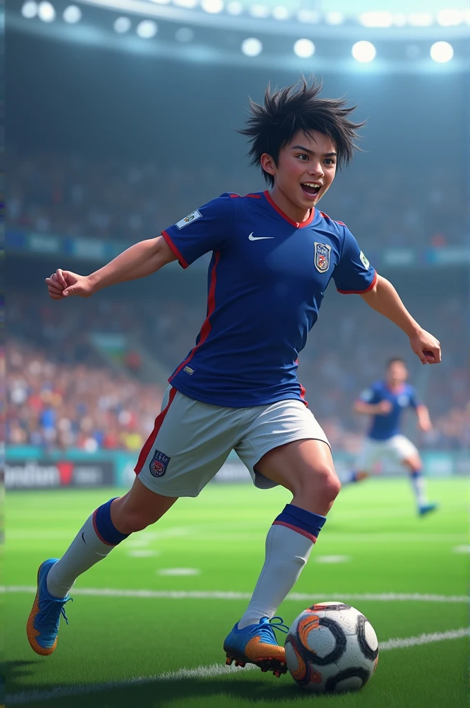 Gerar uma imagem, alta qualidade, 36K, Ultra-resolution character: 1 homem, 28 anos de idade, feliz, Cabelo preto, round frame glasses (prata), sorriso convidativo, restolho preto, wearing football team uniform Location: Football Stadium
