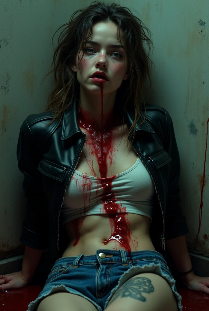 horror realistic photo, masterpiece, detailed face, horror film scene style, full body, white girl naked with big boobs and very bloody body standing in a bloody hospital scenario staring at the camera, black hair, full black ghost dead eyes, ghost eyes, dead white skin, unsettling scenario, unsettling and scary camera angle, horror night color style, night camera style colors, dark lighting, almost no clothes