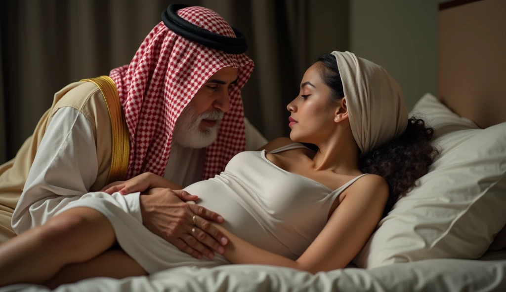 Very Pale skin black eyebrows kurdish woman in single hijab nude shoulder nude arm breasts nude talking with weak short ugly Arab man in bedroom view from side full body 