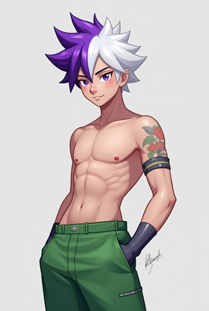 make me an image of a skinny shirtless punk, full of tattoo and dry abs. He has a junkies smug face and holding a cigarete.