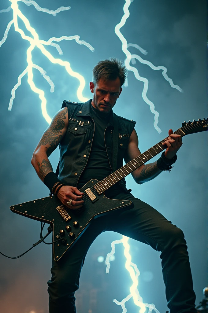 A photo about a guy (with short and brown hairy) Who Is playing the guitar (very very metal and angry) while Is riding a lighting