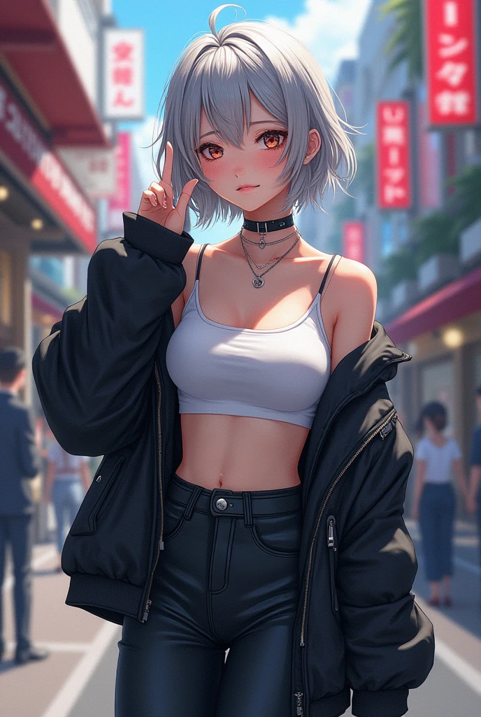 top topless and a skirt that is short swimsuit hybrid, urtla beautiful (top topless and a skirt that is short),an anime woman in black and white dress and gray hair and a tank top next to a window, 1girl, breasts, jewelry, jacket, red eyes, navel, looking at viewer, solo, short hair, black jacket, hair ornament, open jacket, choker, black choker, off shoulder, earrings, dog, open clothes, bare shoulders, collarbone, stomach, cleavage, medium breasts, hairclip, halterneck