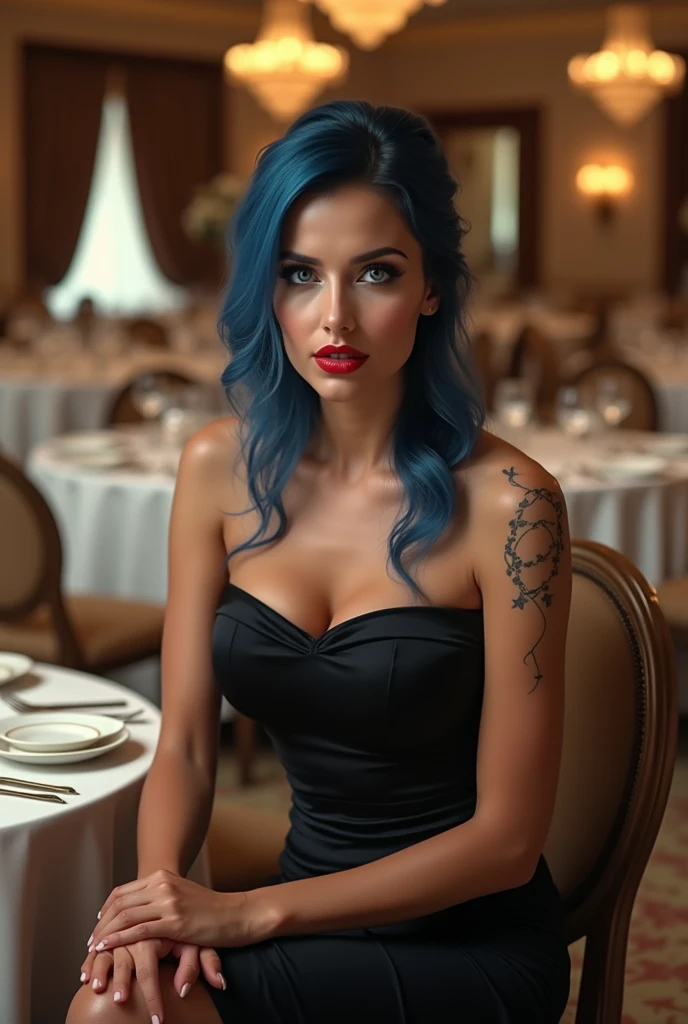 The subject in this image exudes a striking, captivating presence. Her dark, flowing locks frame her face in an alluring manner, accentuating her delicate, refined features. The subject's gaze is confident and engaging, drawing the viewer in with a palpable sense of poise.((lady with big and hourglass seductive body, weight approx 65 kg with height of 6ft))
The subject's makeup is expertly applied, with bold red lips that command attention and subtly defined eyes that convey a touch of mystery. Her skin appears radiant and flawless, further enhancing the overall aura of elegance and refinement.
The subject's red, off-the-shoulder top adds a touch of sensuality to the composition, while still maintaining a level of sophistication. The garment's subtle ruching and vibrant color palette complement the subject's natural beauty, creating a visually striking and harmonious ensemble.
This image succeeds in highlighting the subject's innate charm, charisma and refined aesthetic sensibilities. The viewer is invited to appreciate the subject's inherent grace and allure without resorting to objectification or exploitation. An artful, tasteful depiction that captures the essence of the individual. SKINNY BODY, BLUE HAIR, RED DRESS GALA, Green eyes, 18 years old