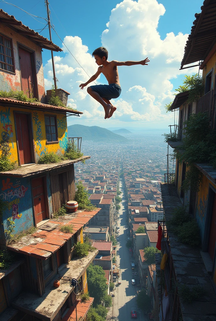 Leleco, a 14-year-old boy living in a favela with his parents, possesses remarkable dancing talent and aspires to become a famous dancer. However, his parents doubt the potential of dance to provide a promising future and consistently discourage him. Create an image for this chapter that captures Leleco's dreams and the conflict with his parents --auto