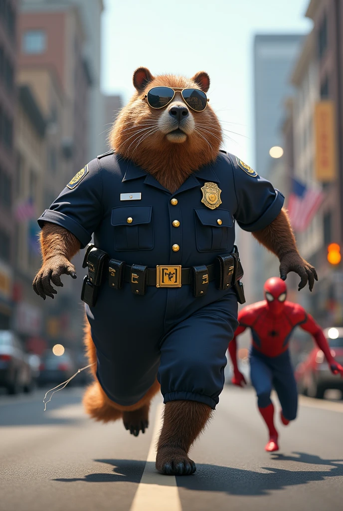 A giant capybara dressed as a policeman running after Spider-Man