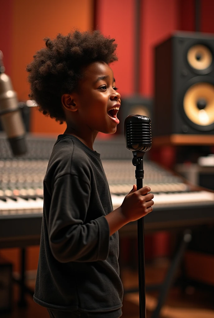 Perfect composition, 8K, Close up, A small afro-haired Afro American boy, with a yellow shirt and jeans and white sneakers, stands on a stage lit by stage lights, holds a microphone in his hand, and sings. An excited expression. Ambient smoke in the background. Behind, little boys in white shirts and jeans, singing. depth of field.