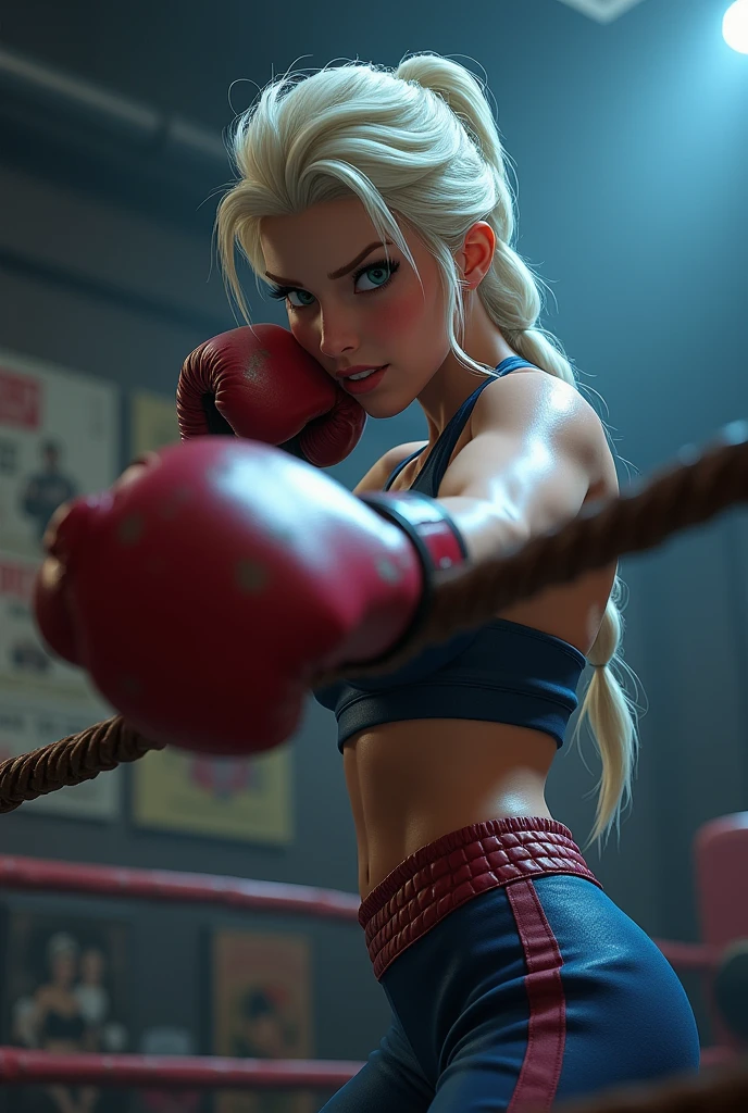 Princess Elsa takes part in fights without rules, defiantly, boldly, the height of the battle. figure detailing, face detail, sexually. realistically. Underground, octagon. Fighting gloves. Ring behind the net. Minor abrasions. Photo with background blur. Large portrait, neckline