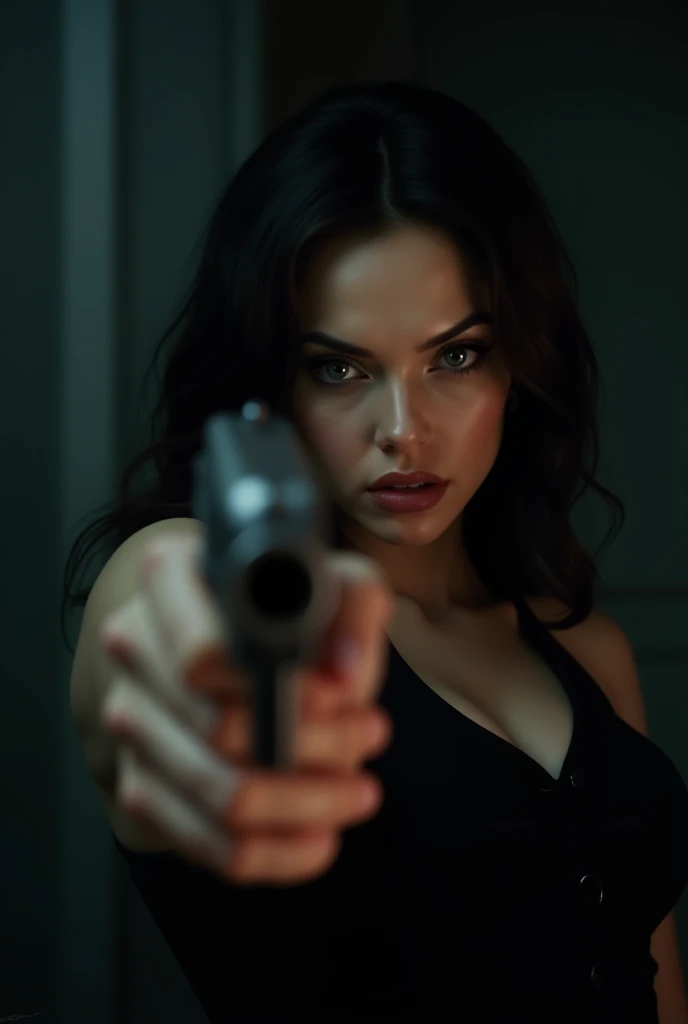 a woman with blue eyes and jet black hair, dressed in a black dress and pointing a gun. in a dark room
