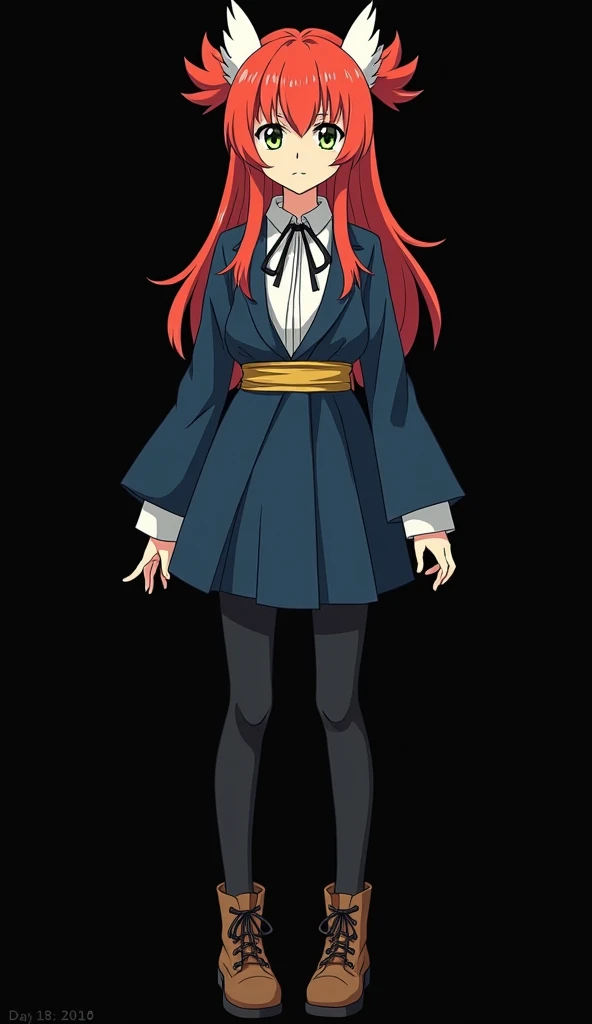  Jujutsu Kaisën character with a style inspired by the anime Jujutsu Kaisën, a girl with a slender appearance and beautiful full body, red hair, fiery orange and very smooth with two white locks highlighted on the front, similar to those of rogue from the light-blue-green X-Men Without blushed skin beautiful old girl:  character from the Jujutsu Kaisën universe physical and body structure a -year-oirl dsed as a Jujutsu sorceress like a dark blue coat dark blue skirt, black tights and brown shoes, black background . 