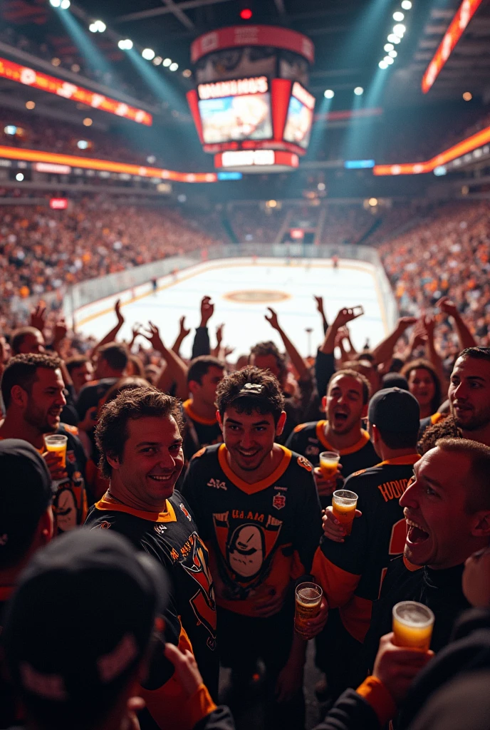 The image captures a lively scene of hockey fans behind the glass wall, where young boys and girls, possibly fans or players, are seen cheering and celebrating during the match.